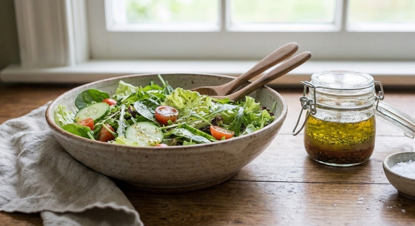 A simple dinner setup with a big salad bowl, serving tongs, and a small jar of homemade dressing ready to pour