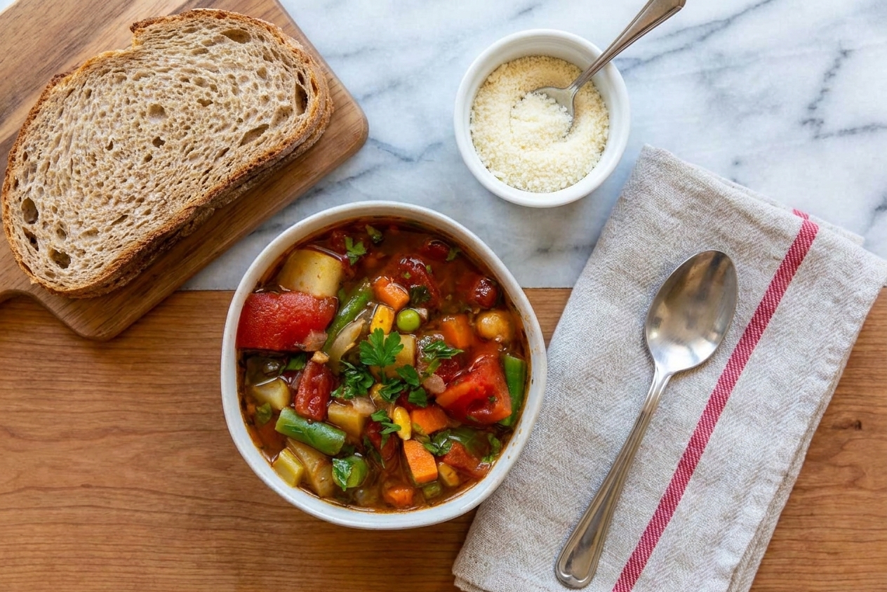 A simple dinner table set with a bowl of vegetable soup, a slice of crusty bread, and a small dish of grated Parmesan