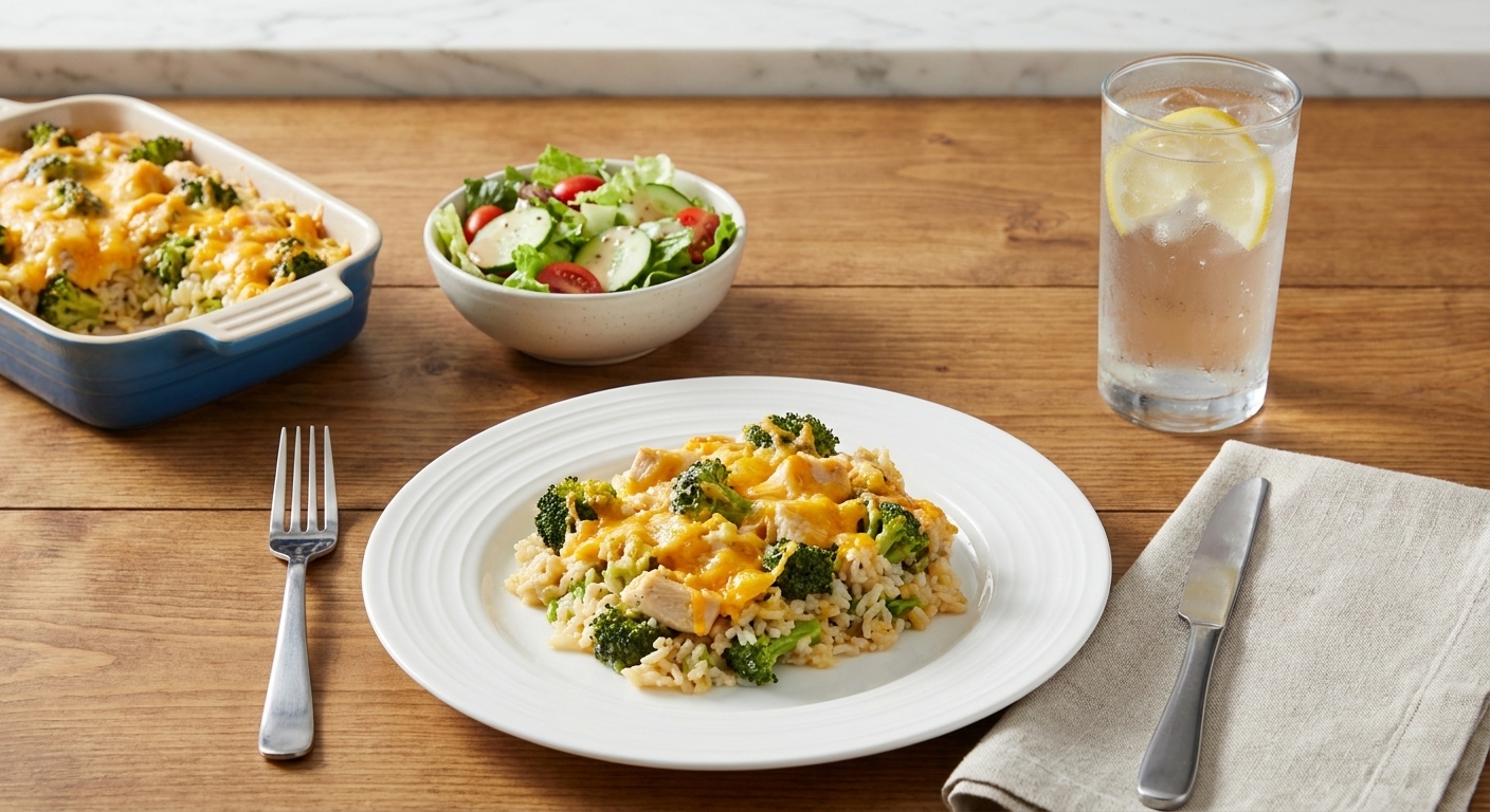 A simple dinner table set with a serving of cheesy chicken and rice casserole, a green salad, and iced water in glasses