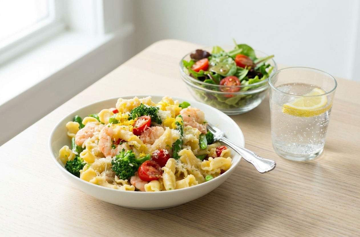 A simple dinner table setting with a bowl of pasta primavera, a small salad, and sparkling water in a glass