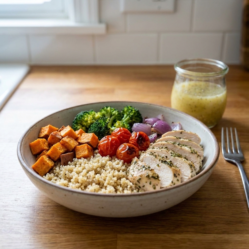A simple lunch bowl of quinoa, roasted vegetables, and sliced chicken with dressing on the side