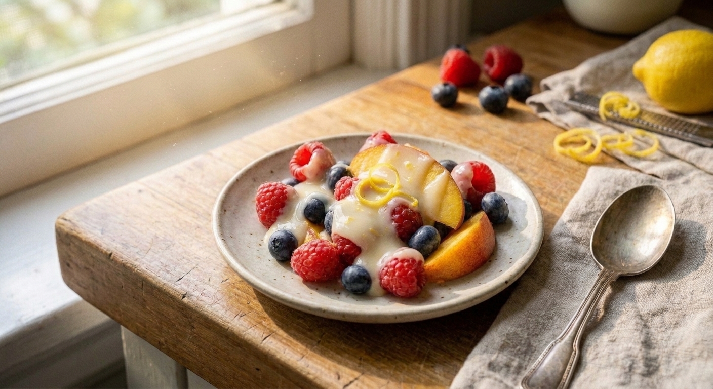 A simple plated dessert of fresh fruit topped with a creamy citrus condensed milk drizzle on a small ceramic plate at a cozy table setting