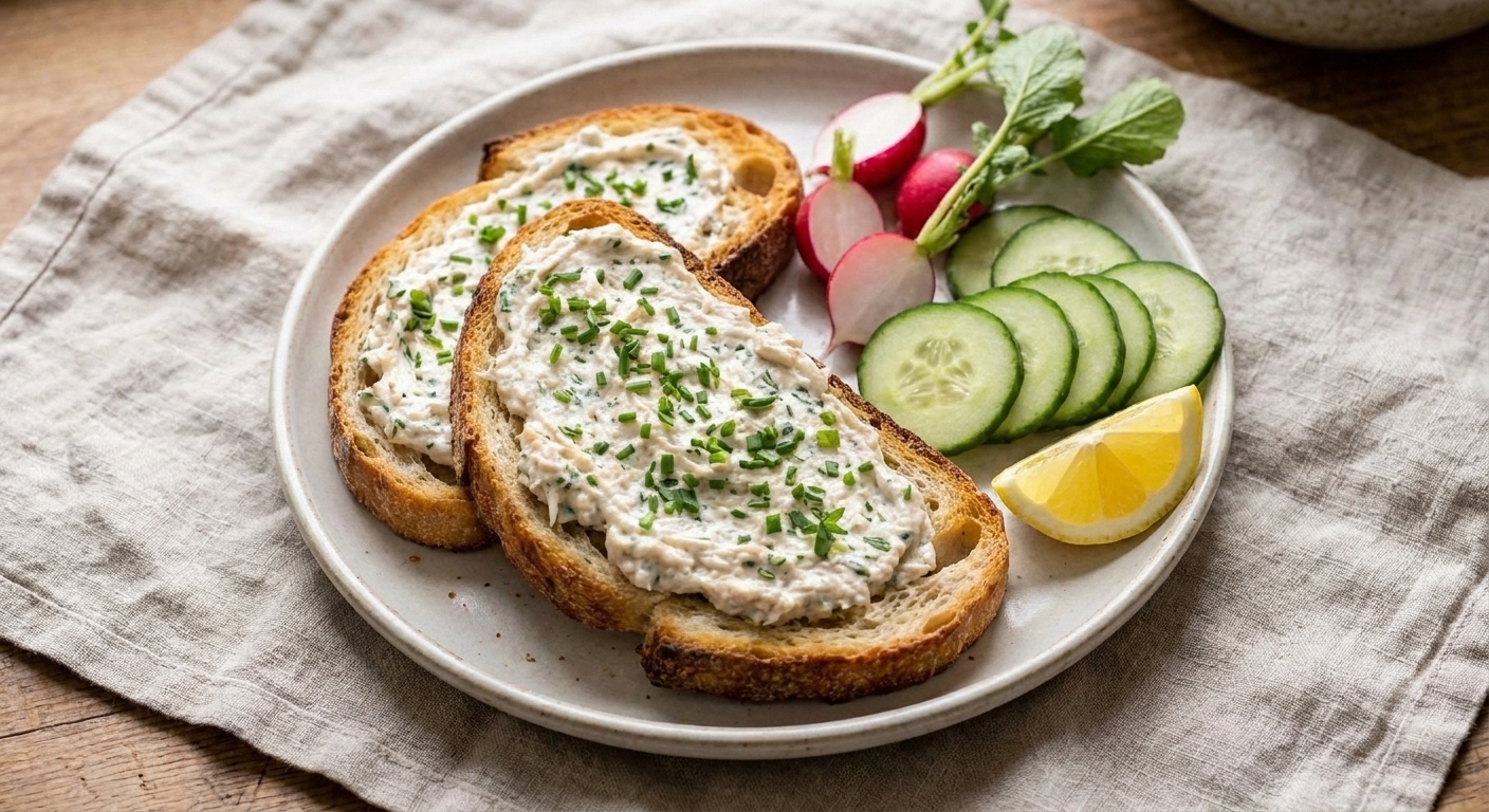 A simple snack plate with toast spread with chicken herb butter, cucumber slices, radishes, and a lemon wedge on a light linen cloth
