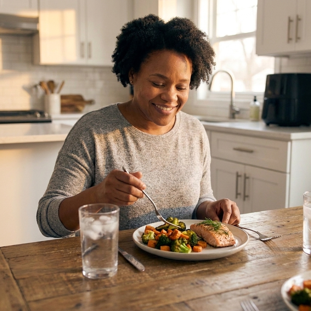 A simple weeknight dinner set on a wooden table with roasted vegetables, a protein, and glasses of water in warm evening light