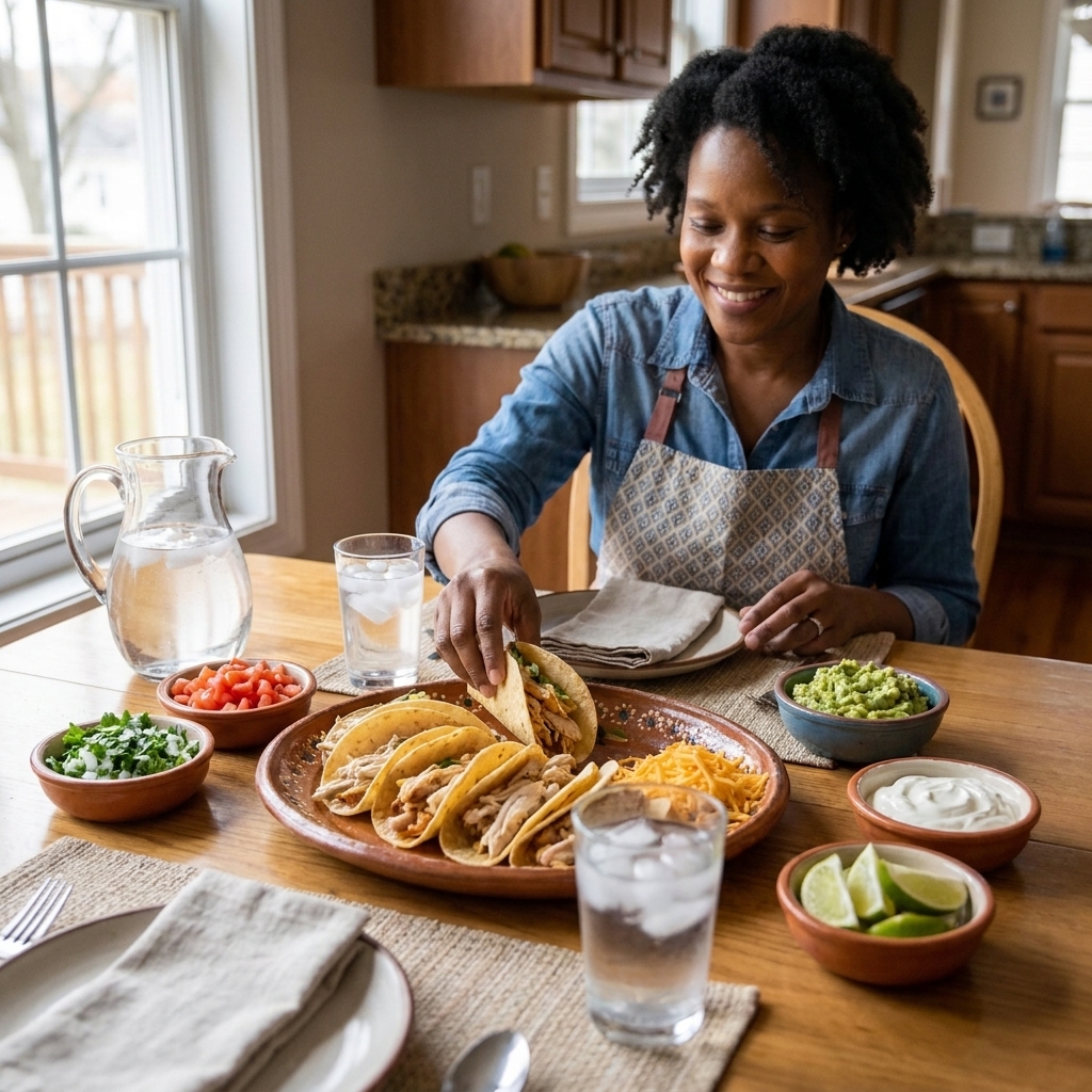 A simple weeknight dinner table set with a platter of chicken tacos, bowls of toppings, and glasses of water