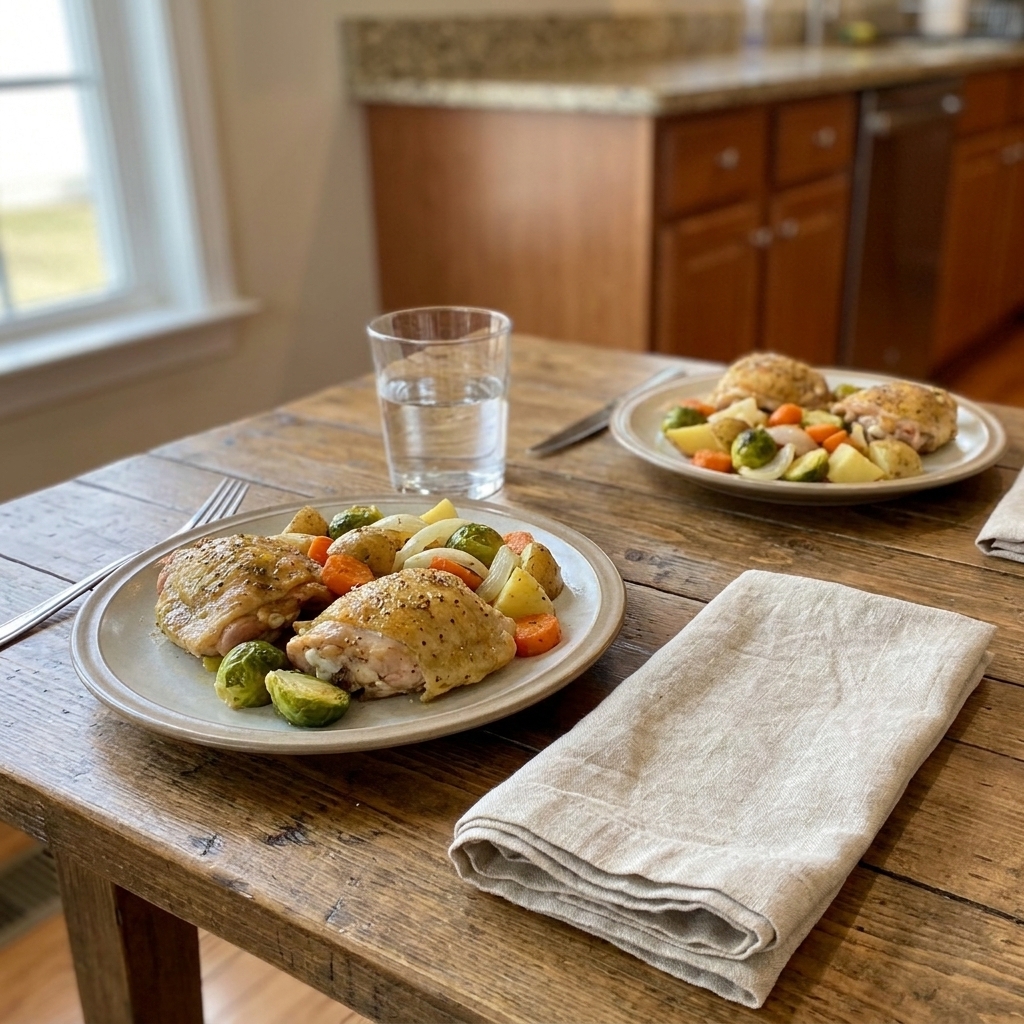 A simple weeknight table set with two plates holding one-pan dinner portions, a glass of water, and a linen napkin