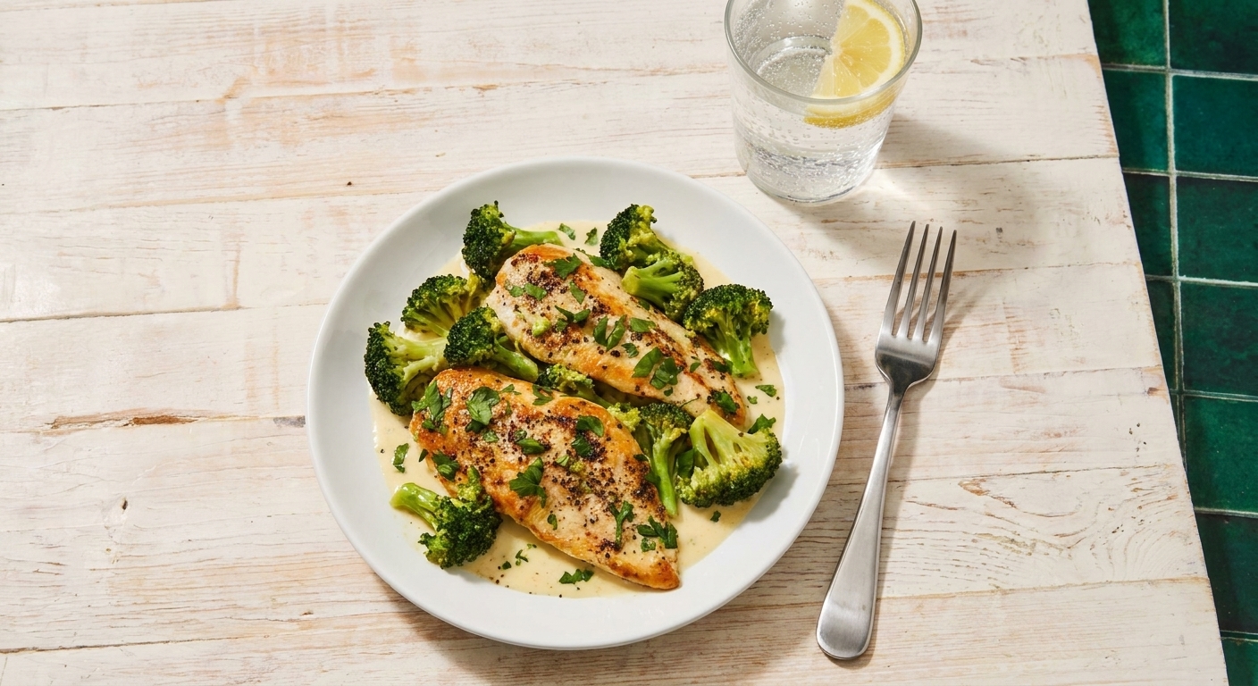 A simple weeknight table setting with a plated keto skillet meal, a fork, and a glass of sparkling water