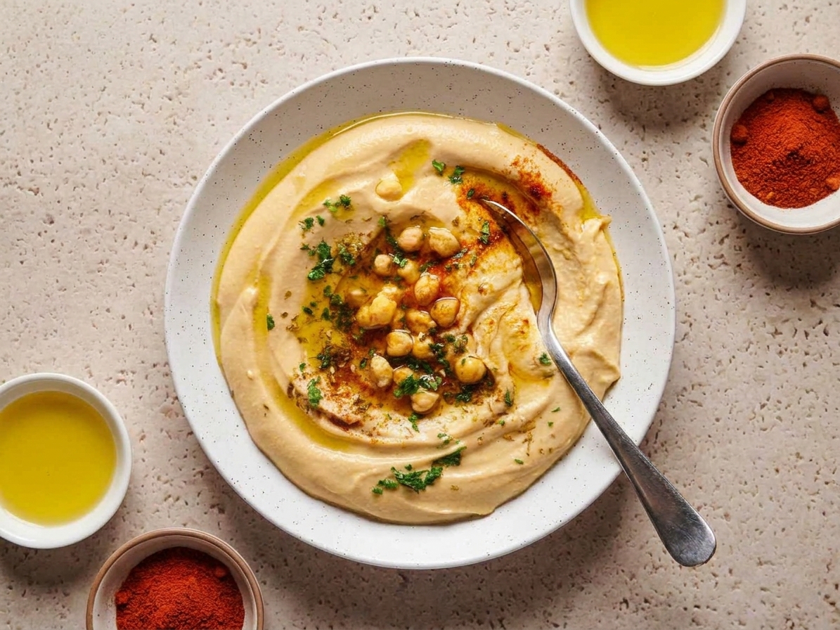 A single bowl of ultra creamy hummus swirled with a spoon and finished with a drizzle of olive oil and a sprinkle of paprika on a neutral kitchen counter