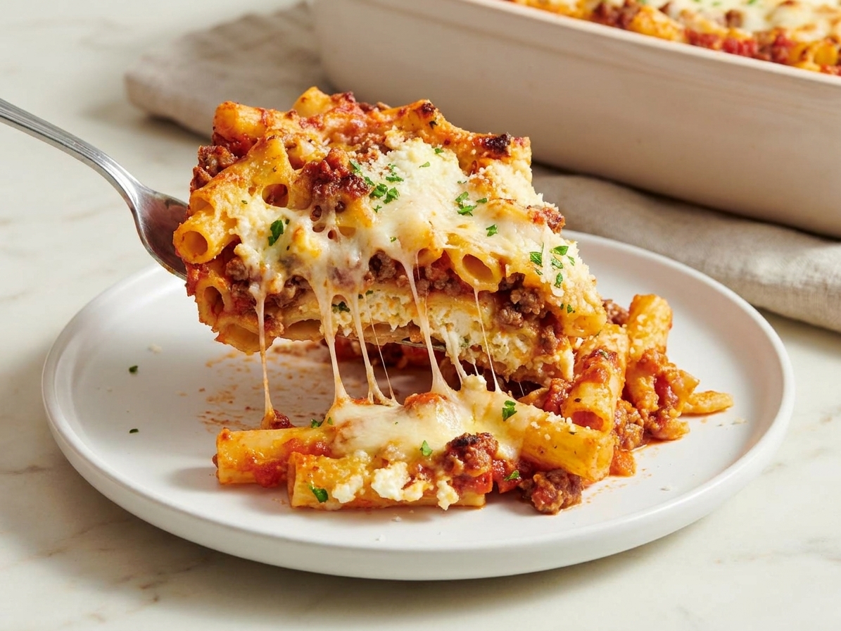 A single slice of baked ziti on a plate with gooey cheese pull and visible layers of pasta, meat sauce, and ricotta