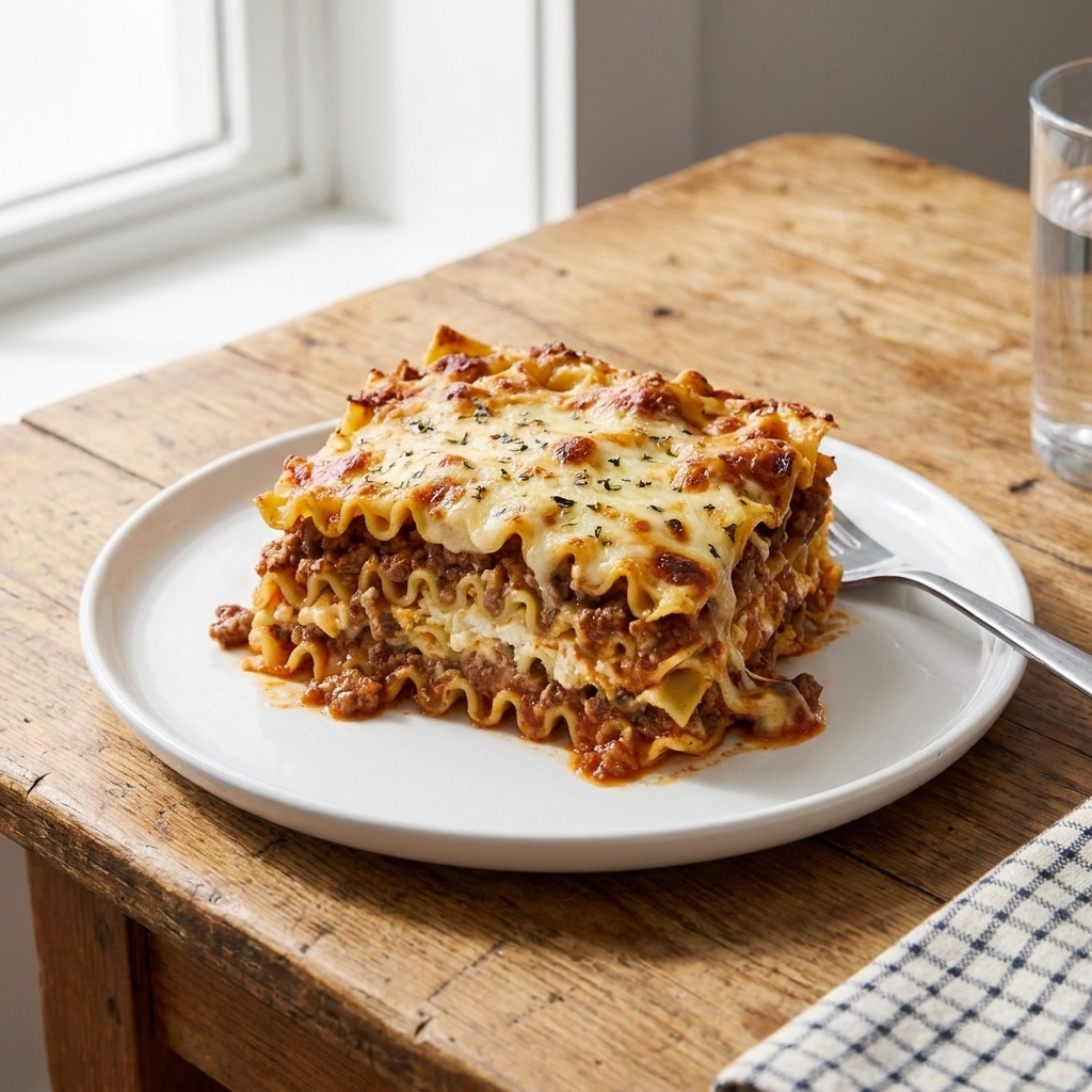 A single slice of beef lasagna on a white plate with visible layers of pasta, meat sauce, and melted cheese