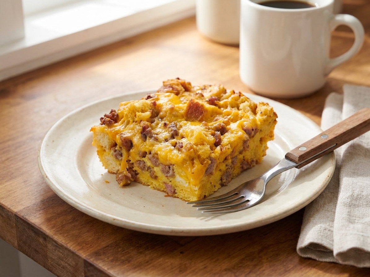 A single slice of breakfast casserole on a ceramic plate with a fork, set on a breakfast table