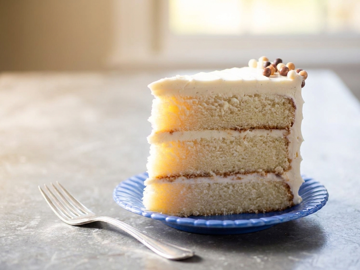 A single slice of vanilla cake with vanilla buttercream on a small plate next to a fork on a warmly lit table