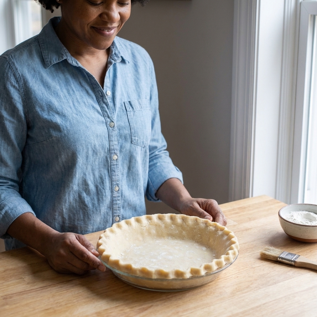 A single unbaked pie crust in a glass pie plate with neatly crimped edges on a kitchen counter
