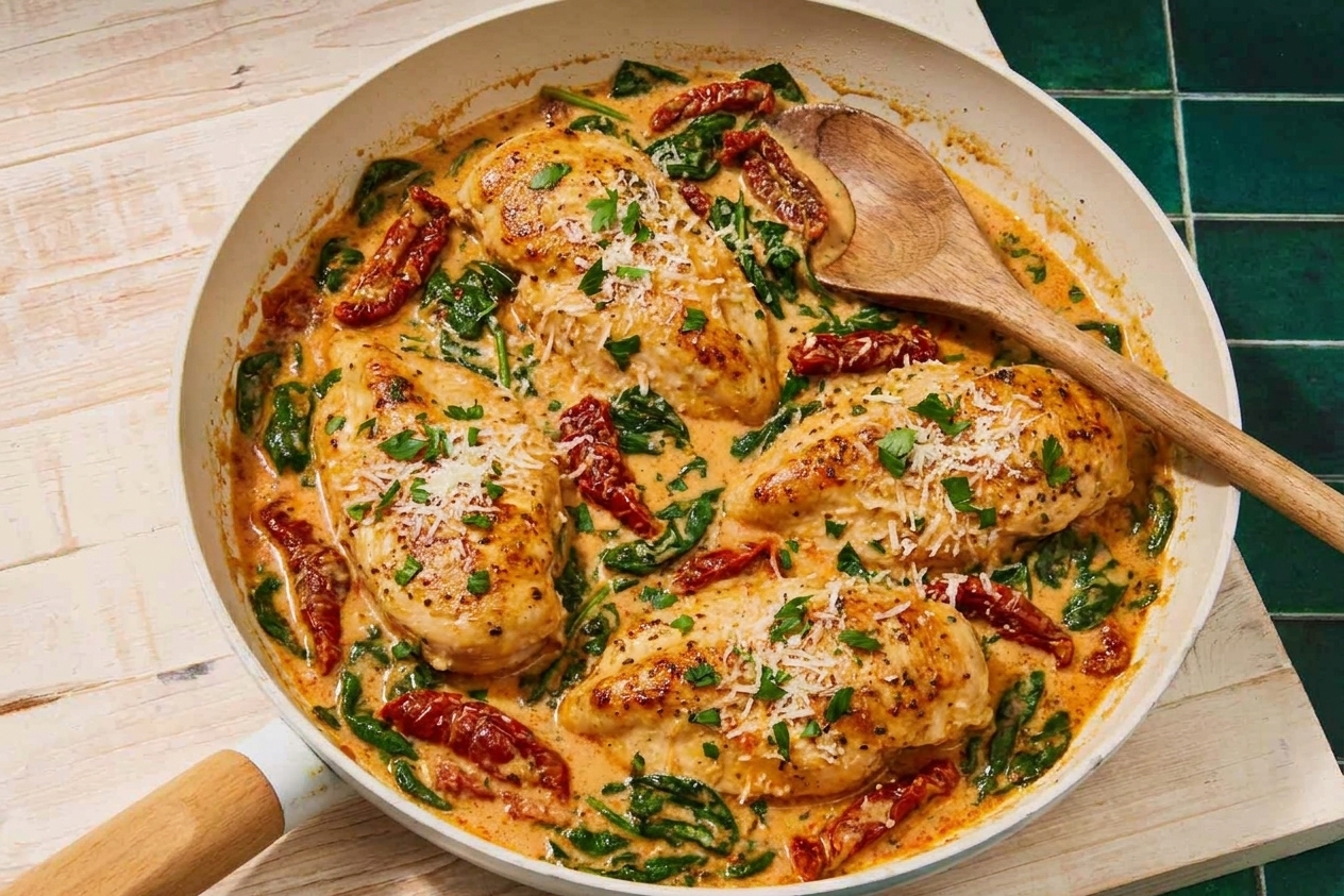 A skillet filled with creamy Tuscan chicken, spinach, and sun-dried tomatoes in a rich sauce