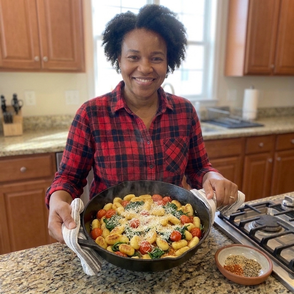 A skillet filled with golden gnocchi, burst cherry tomatoes, wilted spinach, and freshly grated Parmesan