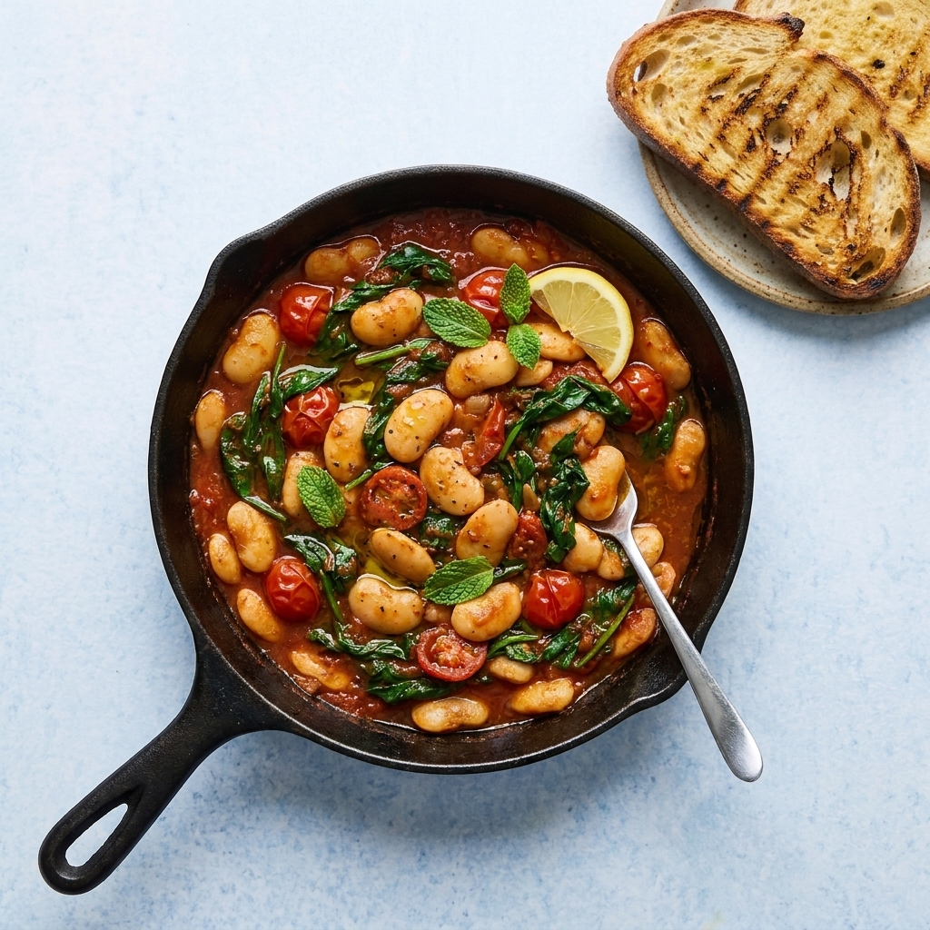 A skillet of butter beans simmered with tomatoes and wilted greens, served with toasted bread on the side