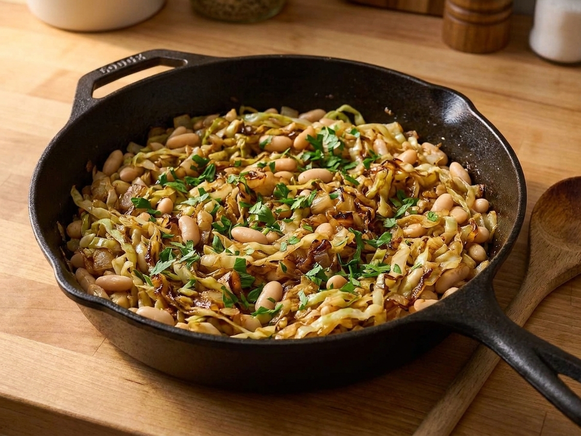 A skillet of caramelized cabbage mixed with white beans and topped with chopped parsley on a wooden countertop