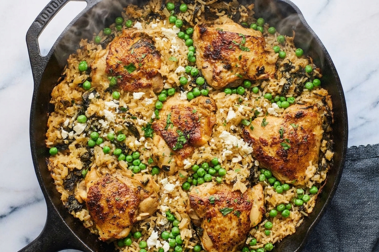 A skillet of chicken and rice with bright green peas stirred through, steam rising from the pan