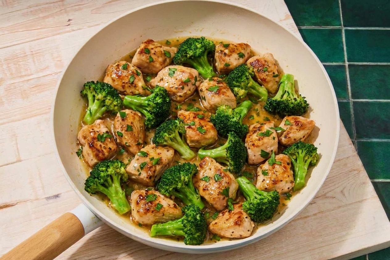 A skillet of chicken stir-fry with broccoli florets coated in a glossy garlic sauce
