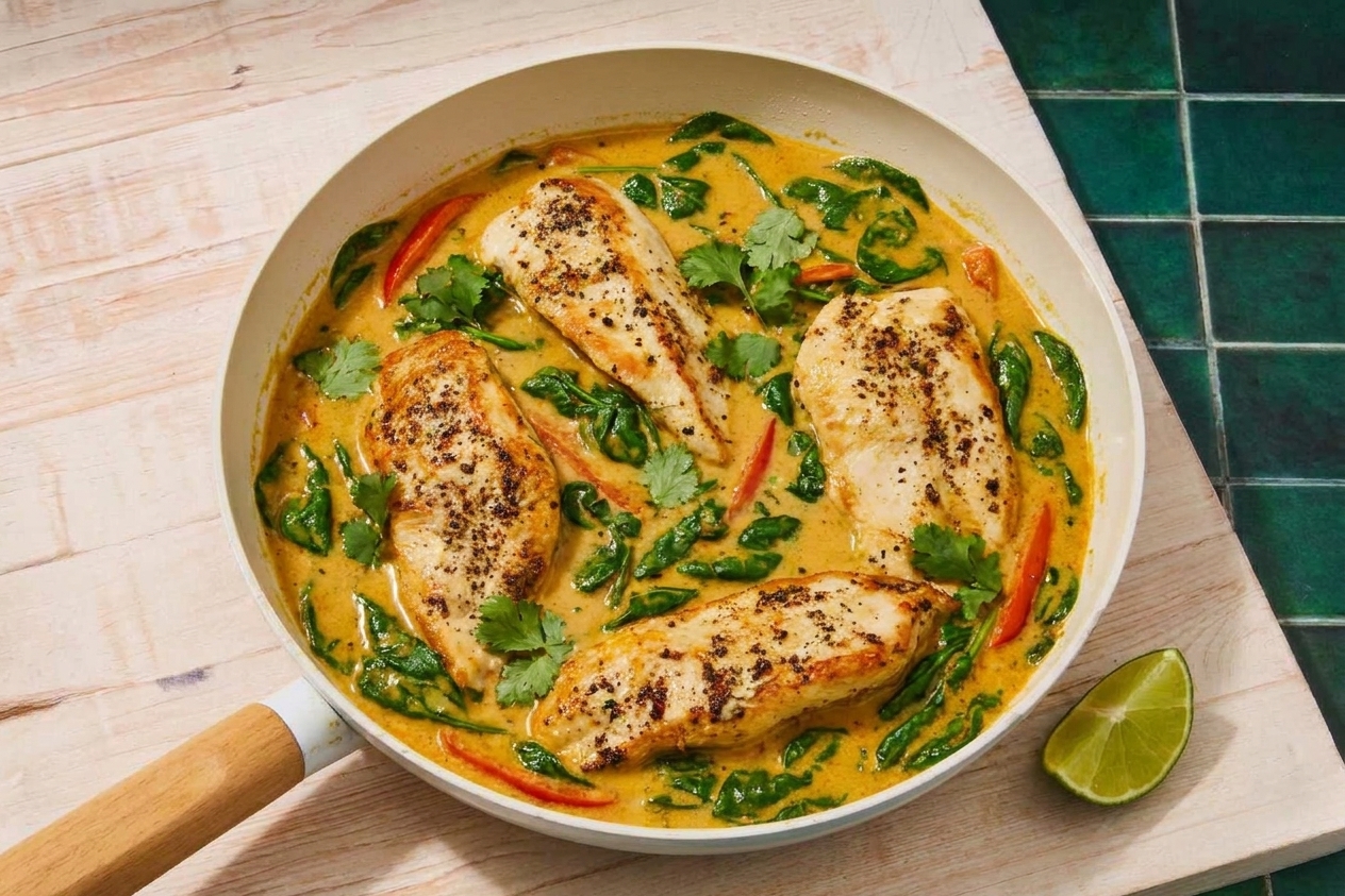 A skillet of coconut curry chicken with wilted spinach and a lime wedge on the side