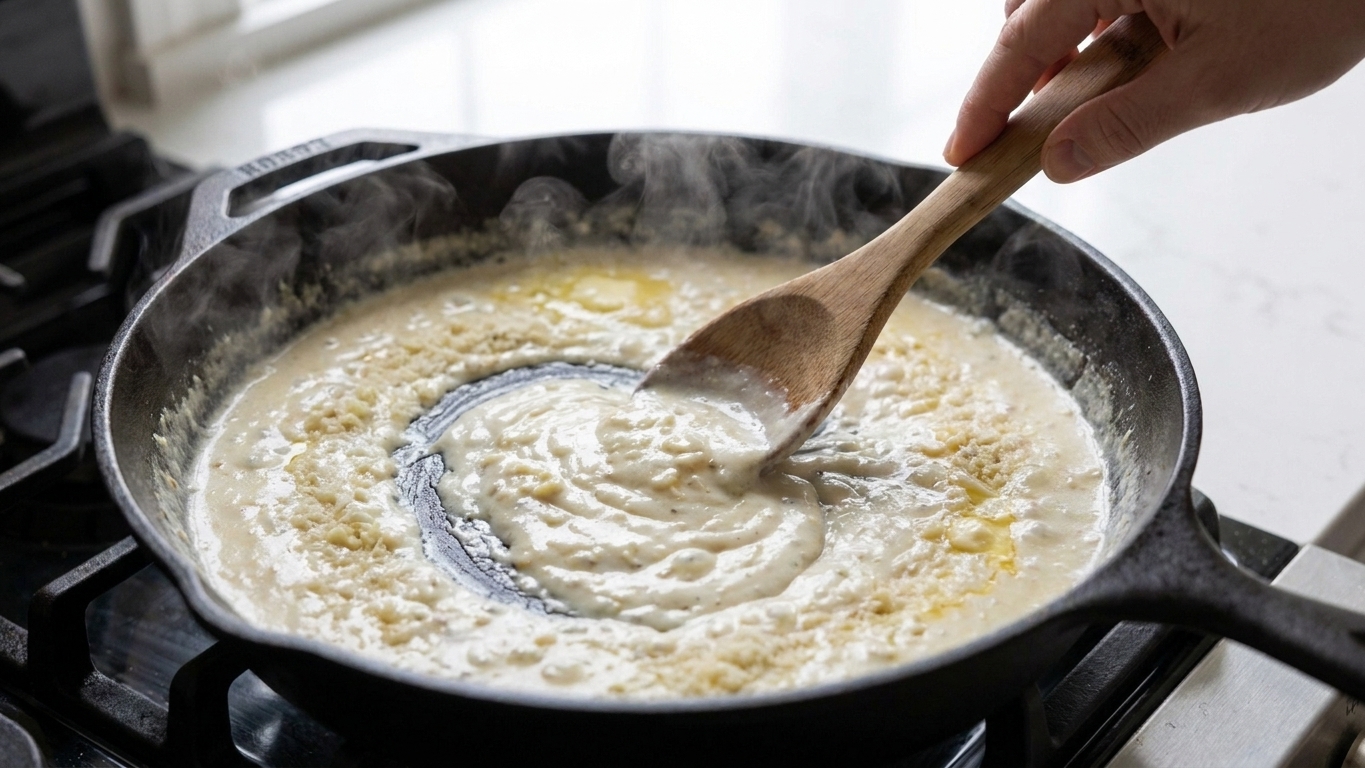 A skillet of creamy garlic Parmesan sauce being stirred with a wooden spoon, with steam rising from the surface