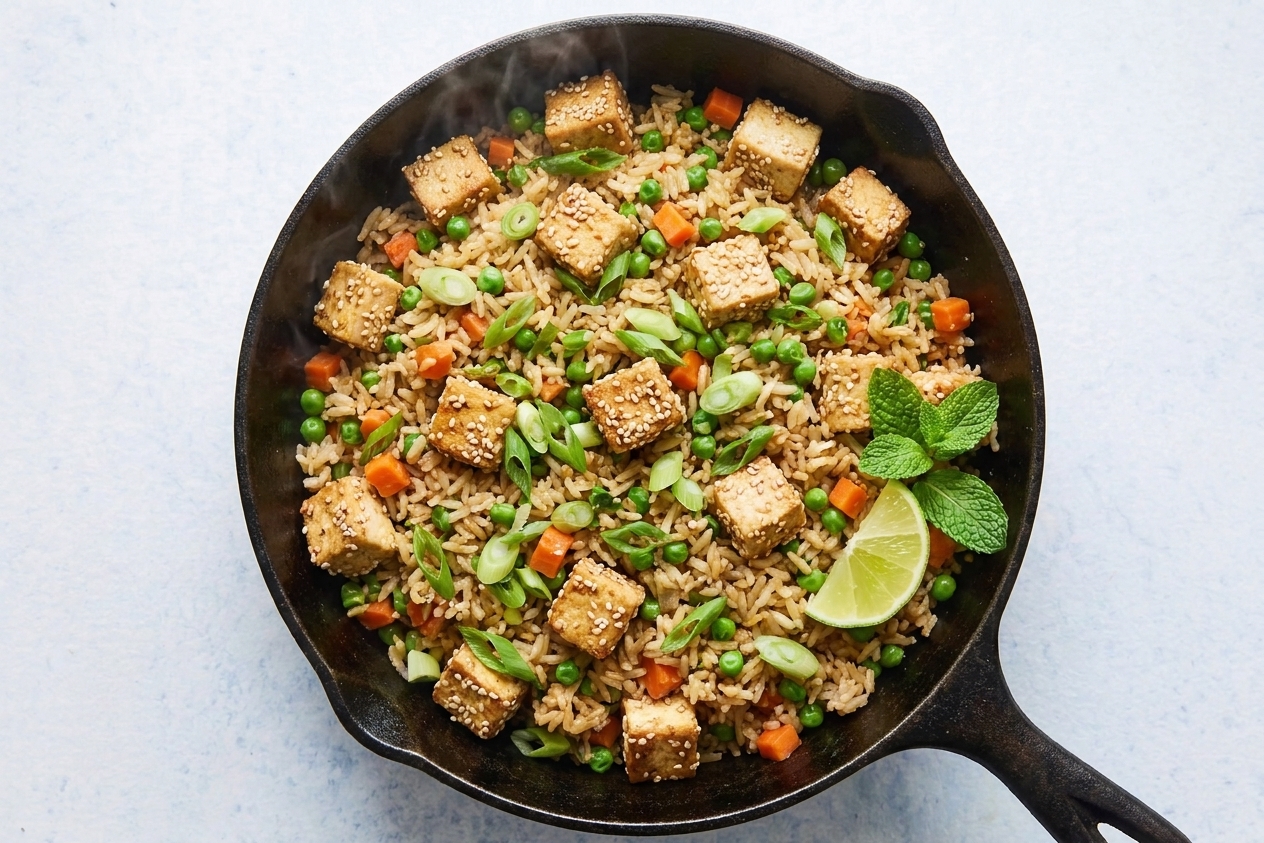 A skillet of sesame tofu fried rice with peas, carrots, and sliced green onions