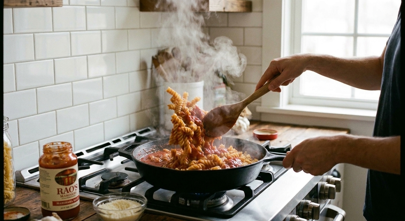 A skillet on a stove with pasta and sauce being tossed together with a wooden spoon, steam rising
