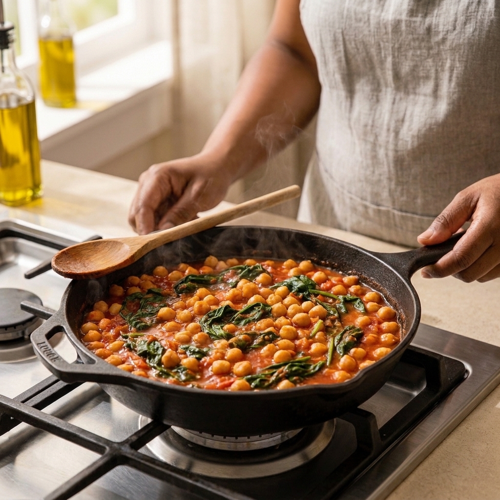 A skillet on the stove with chickpeas simmering in a tomato sauce with wilted spinach and a spoon resting on the edge