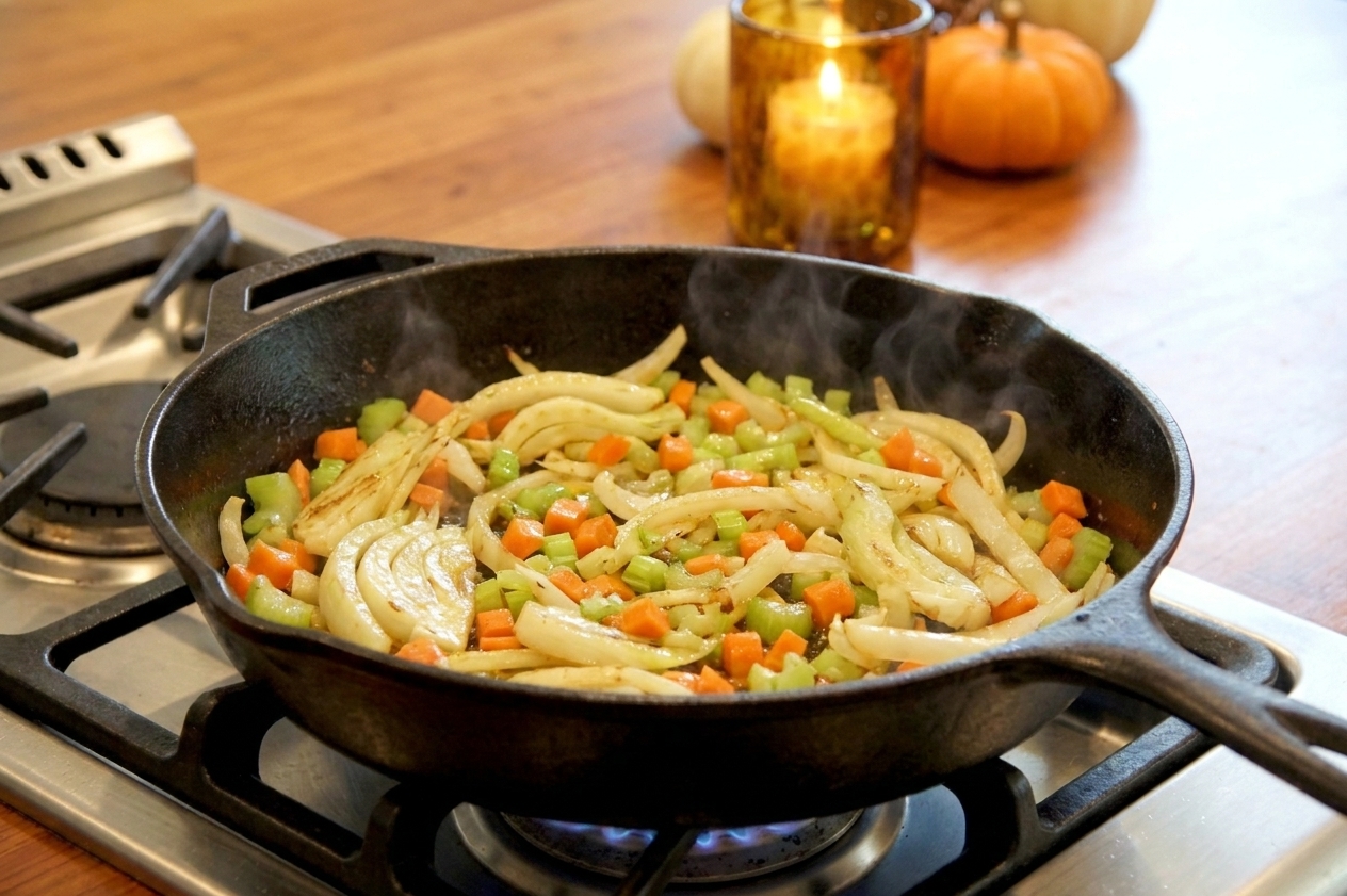 A skillet on the stove with sliced fennel, diced carrot, and celery sautéing until lightly golden