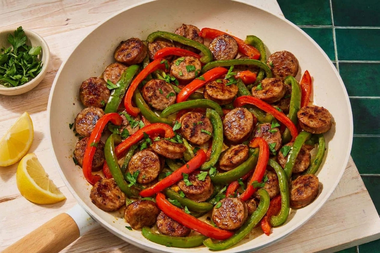 A skillet with browned sausage slices mixed with sautéed bell peppers
