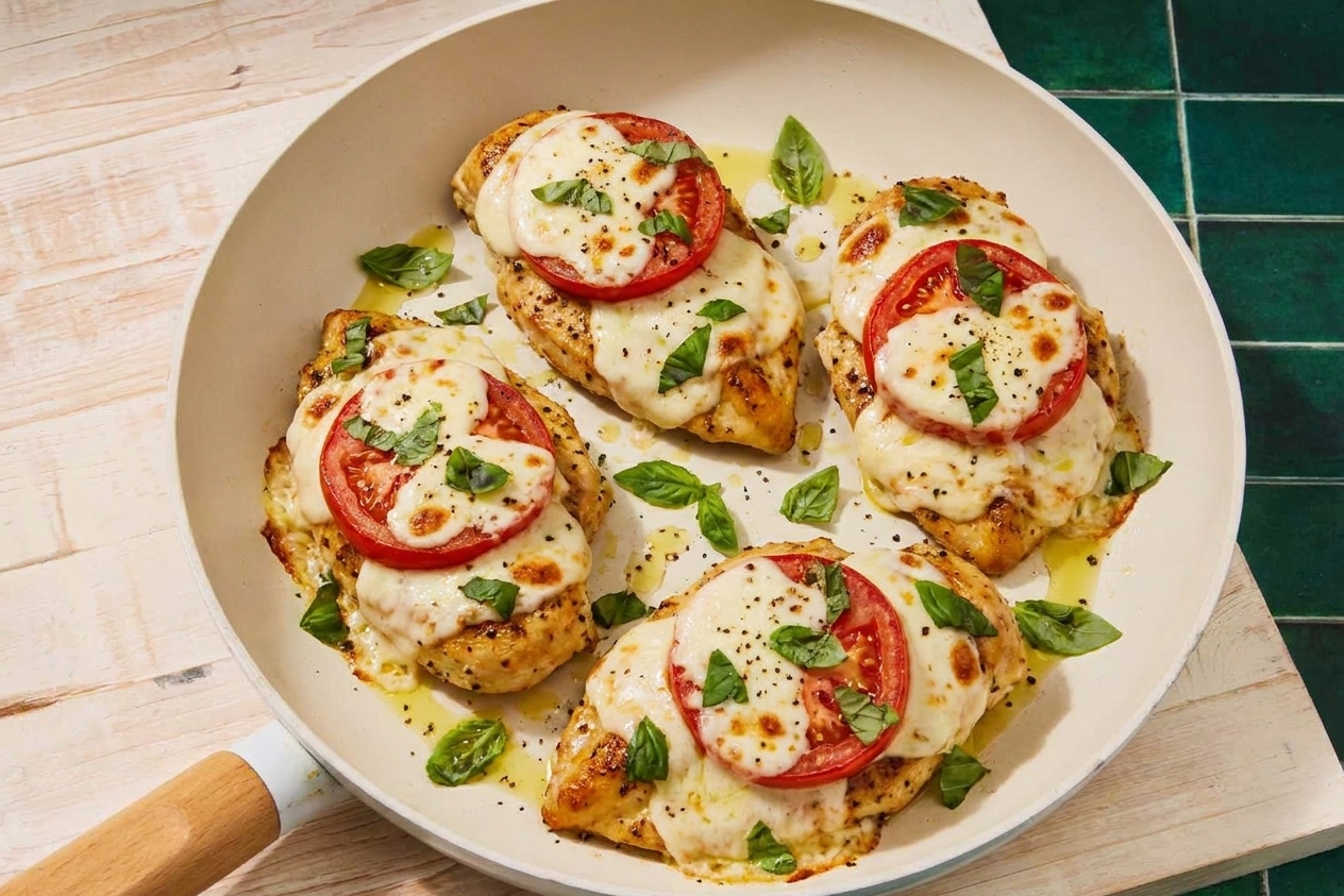 A skillet with chicken cutlets topped with melted mozzarella, tomato slices, and fresh basil