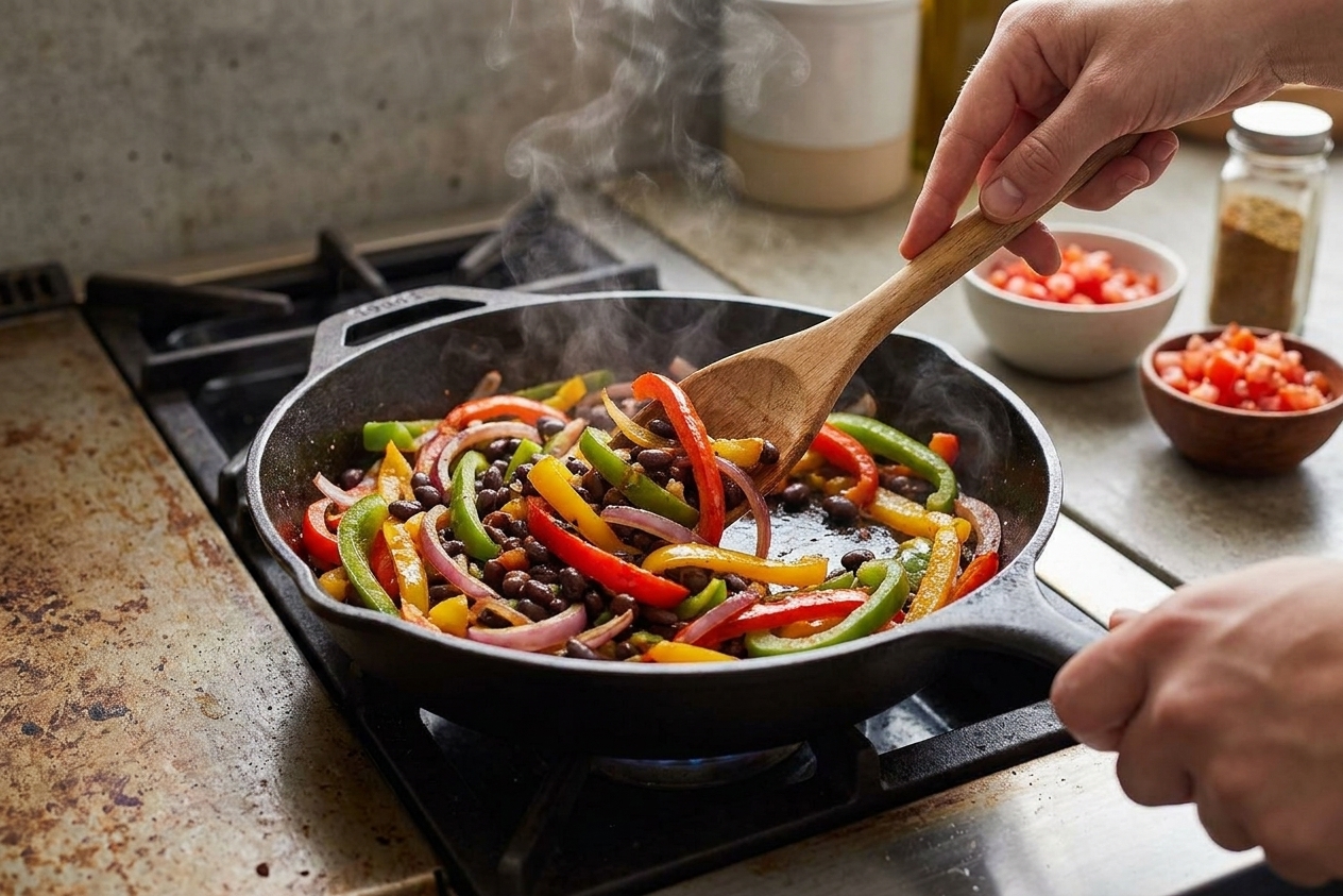 A skillet with sauteed peppers, onions, and black beans being stirred with a wooden spoon on a stovetop