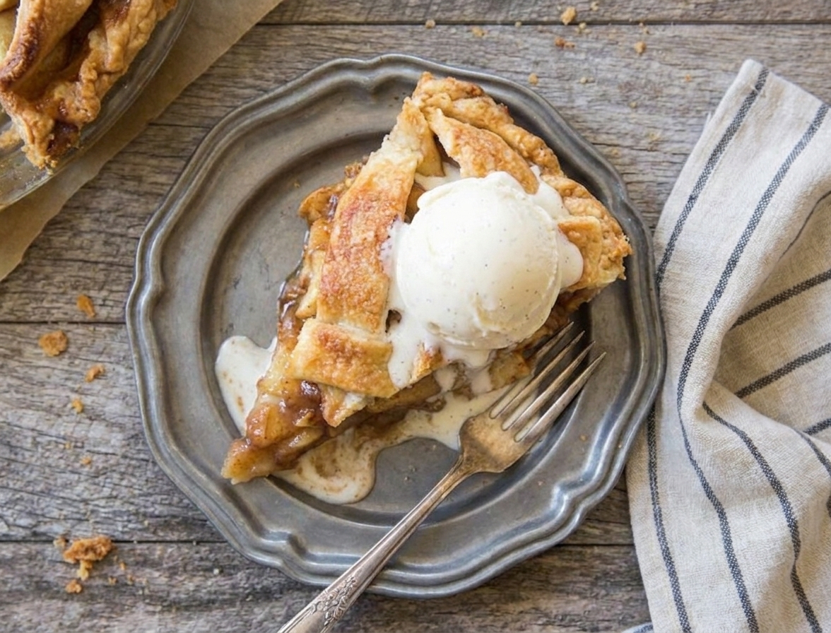 A slice of apple pie on a small plate with a scoop of vanilla ice cream melting beside it