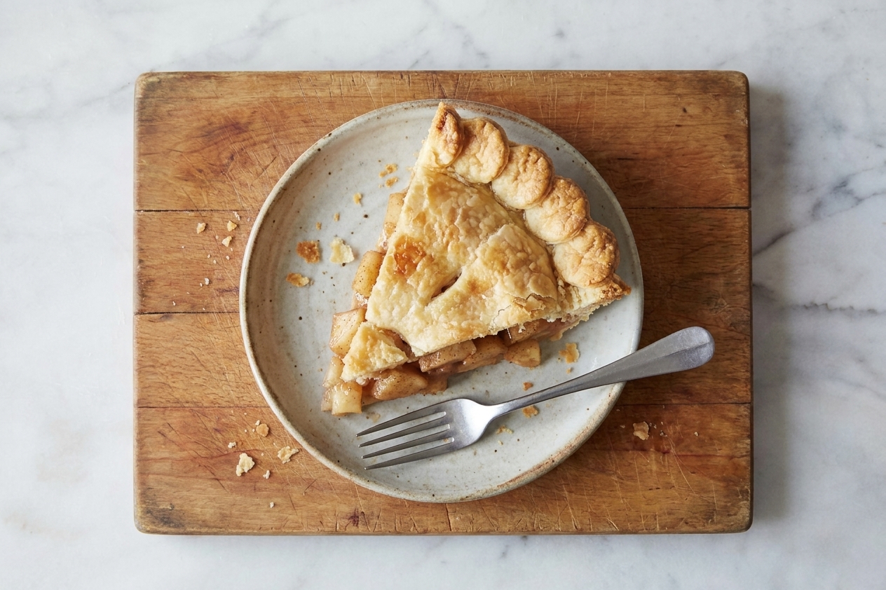 A slice of apple pie with a flaky all-butter crust served on a small plate with a fork on a wooden table