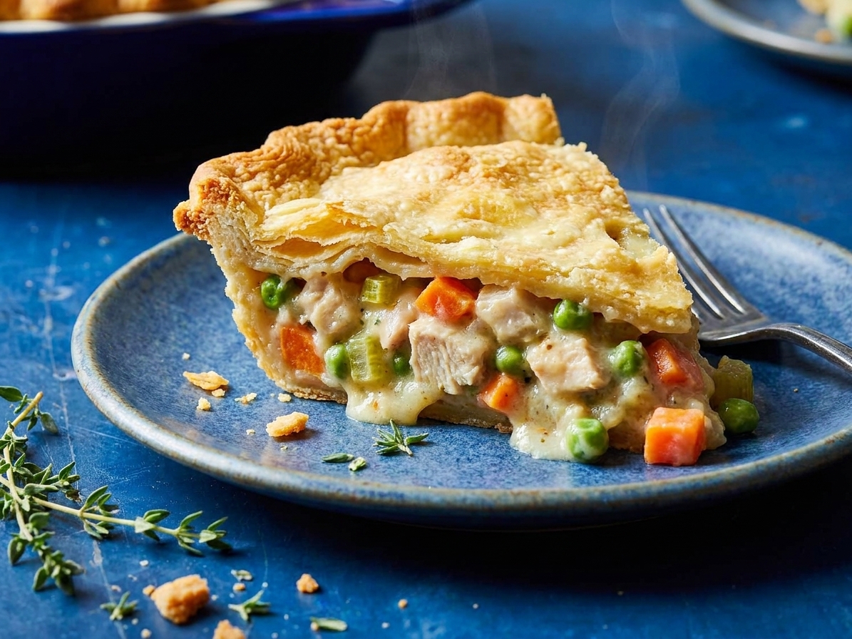 A slice of chicken pot pie on a plate showing flaky crust layers and creamy chicken and vegetable filling