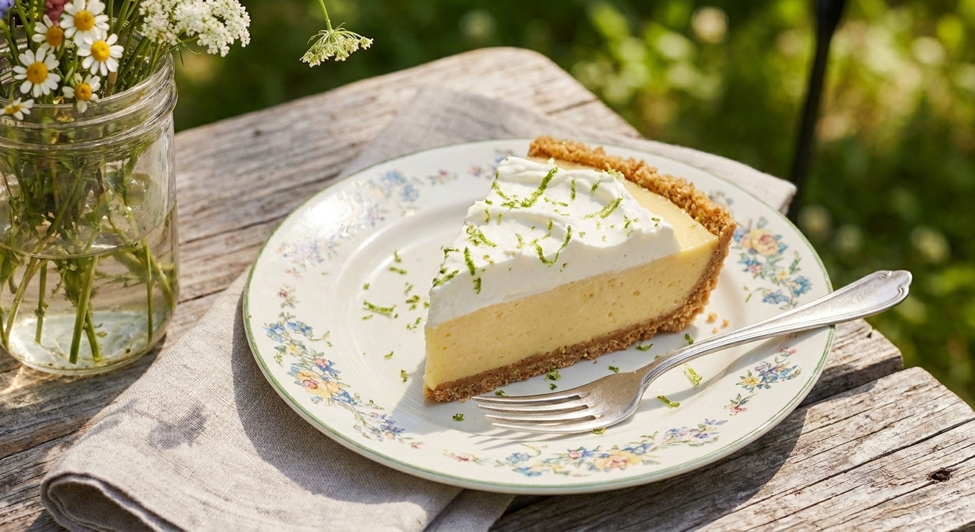 A slice of chilled no-bake lemon cream pie on a plate with a dollop of whipped cream and lemon zest