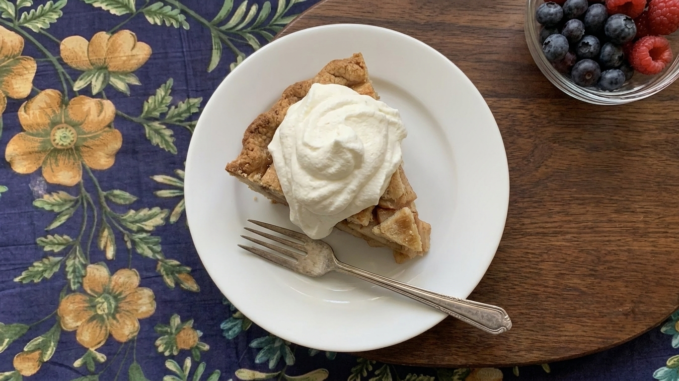 A slice of pie on a dessert plate topped with a generous swirl of homemade whipped cream on a wooden table