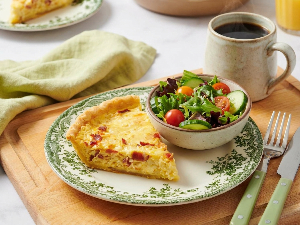 A slice of quiche on a plate set on a brunch table with a small green salad and a cup of coffee in the background