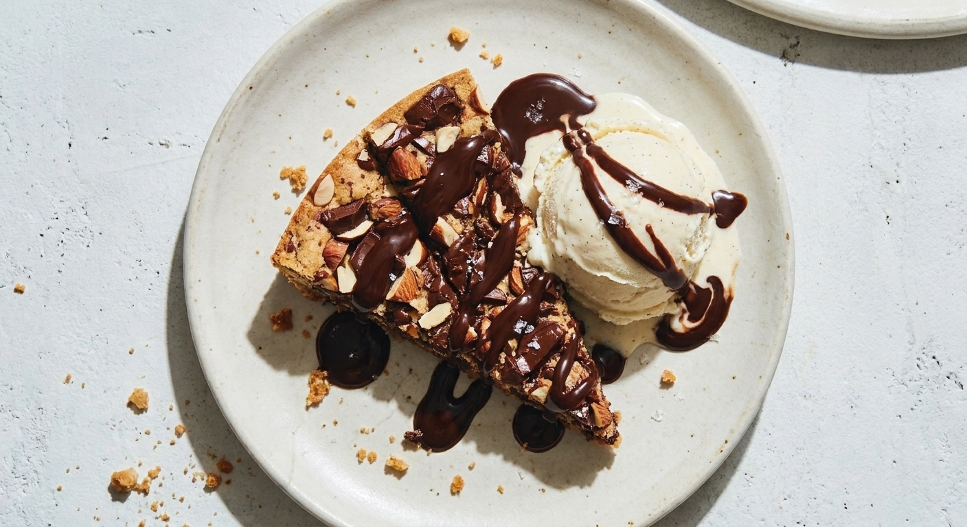 A slice of spiced chocolate chip cookie cake served on a plate with a scoop of vanilla ice cream and a drizzle of chocolate