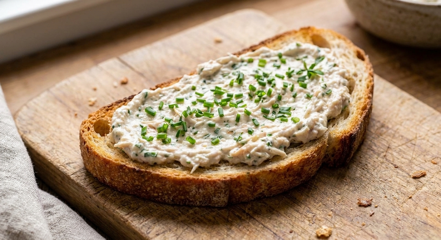 A slice of toasted sourdough topped with a generous smear of chicken herb spread and a sprinkle of chopped chives