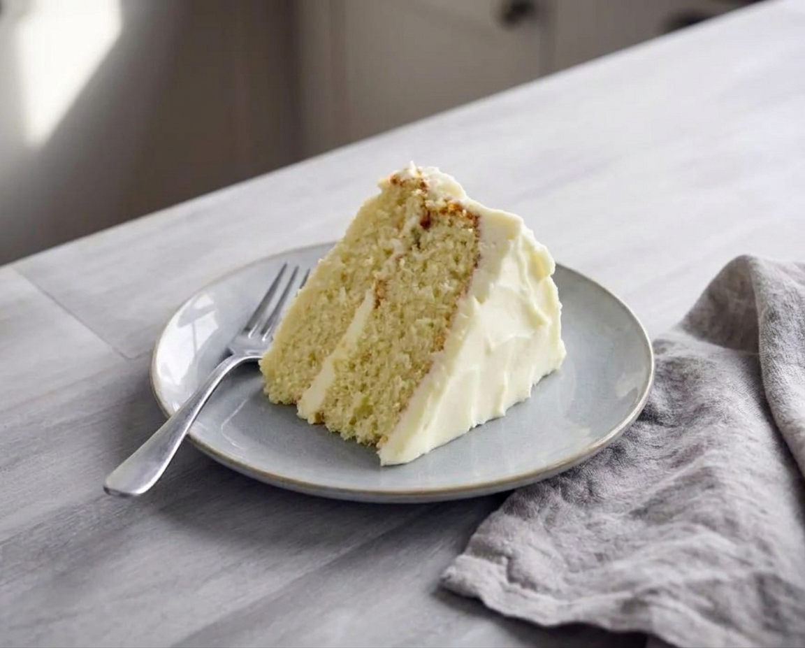A slice of vanilla cake on a small plate with a thick layer of smooth buttercream and a fork beside it on a wooden table