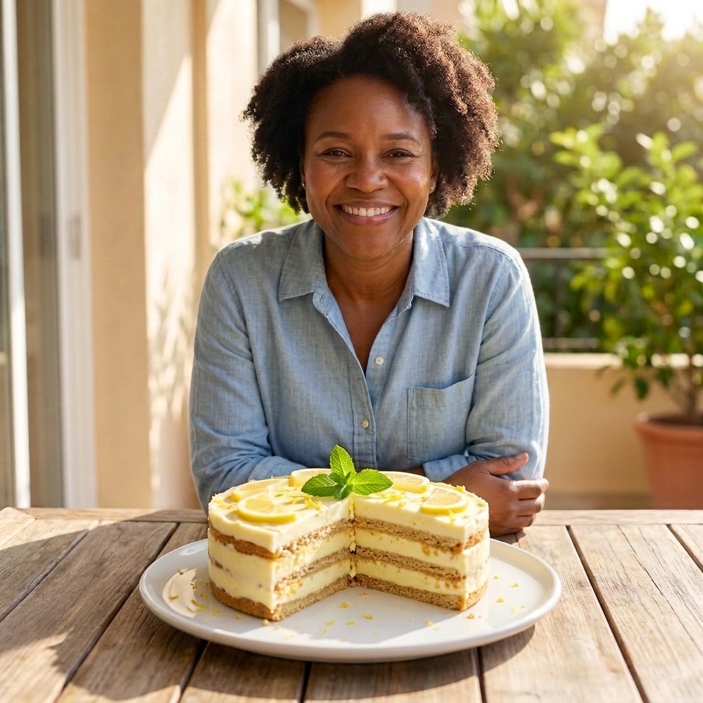 A sliced lemon icebox cake showing soft cookie layers and lemon cream filling on a serving plate