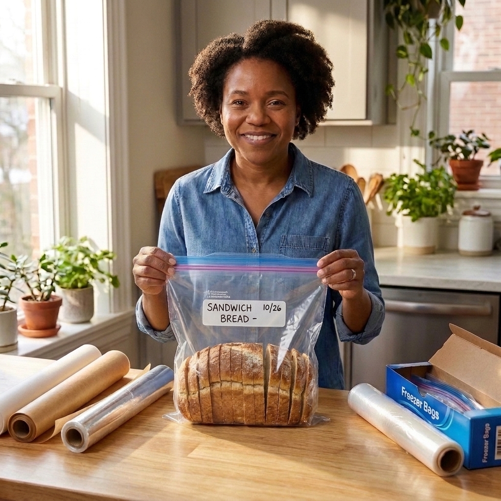 A sliced loaf of sandwich bread in a labeled freezer bag with the slices visible
