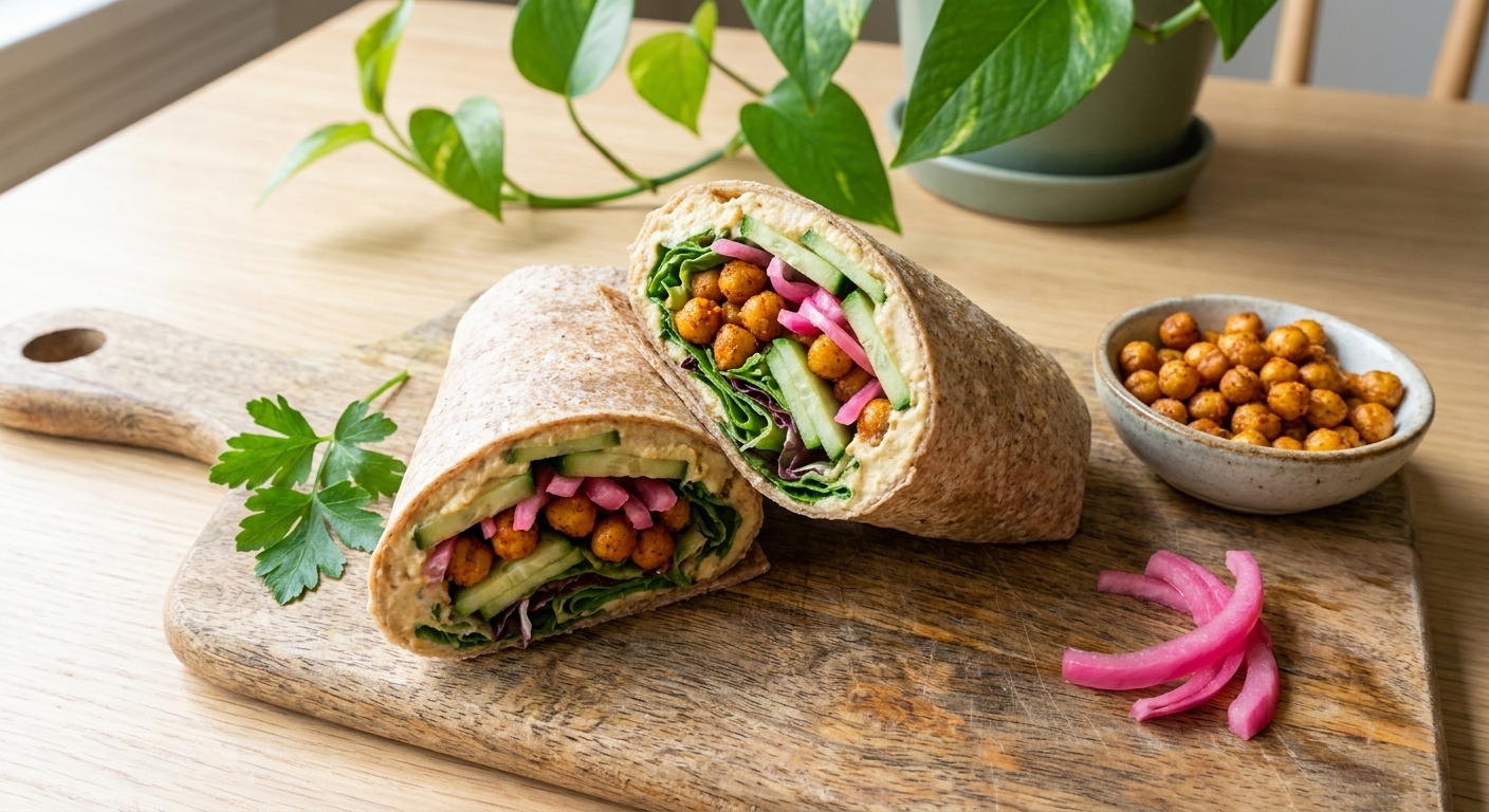 A sliced whole wheat wrap filled with hummus, roasted chickpeas, greens, cucumbers, and pickled onions