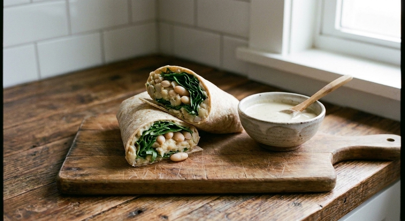 A sliced wrap filled with creamy white beans and crisp greens on a cutting board with a small bowl of dressing nearby