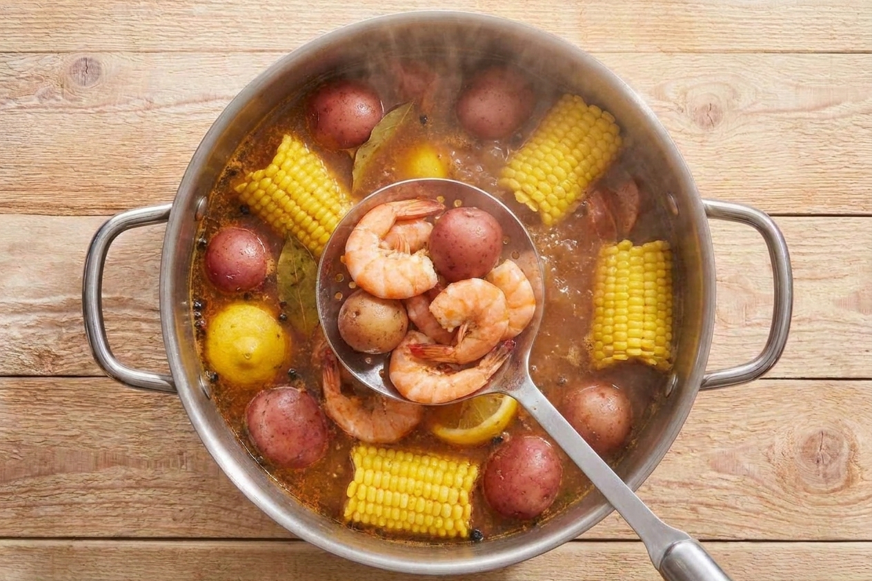 A slotted spoon lifting pink shrimp from a pot of simmering seasoned water with corn and potatoes visible