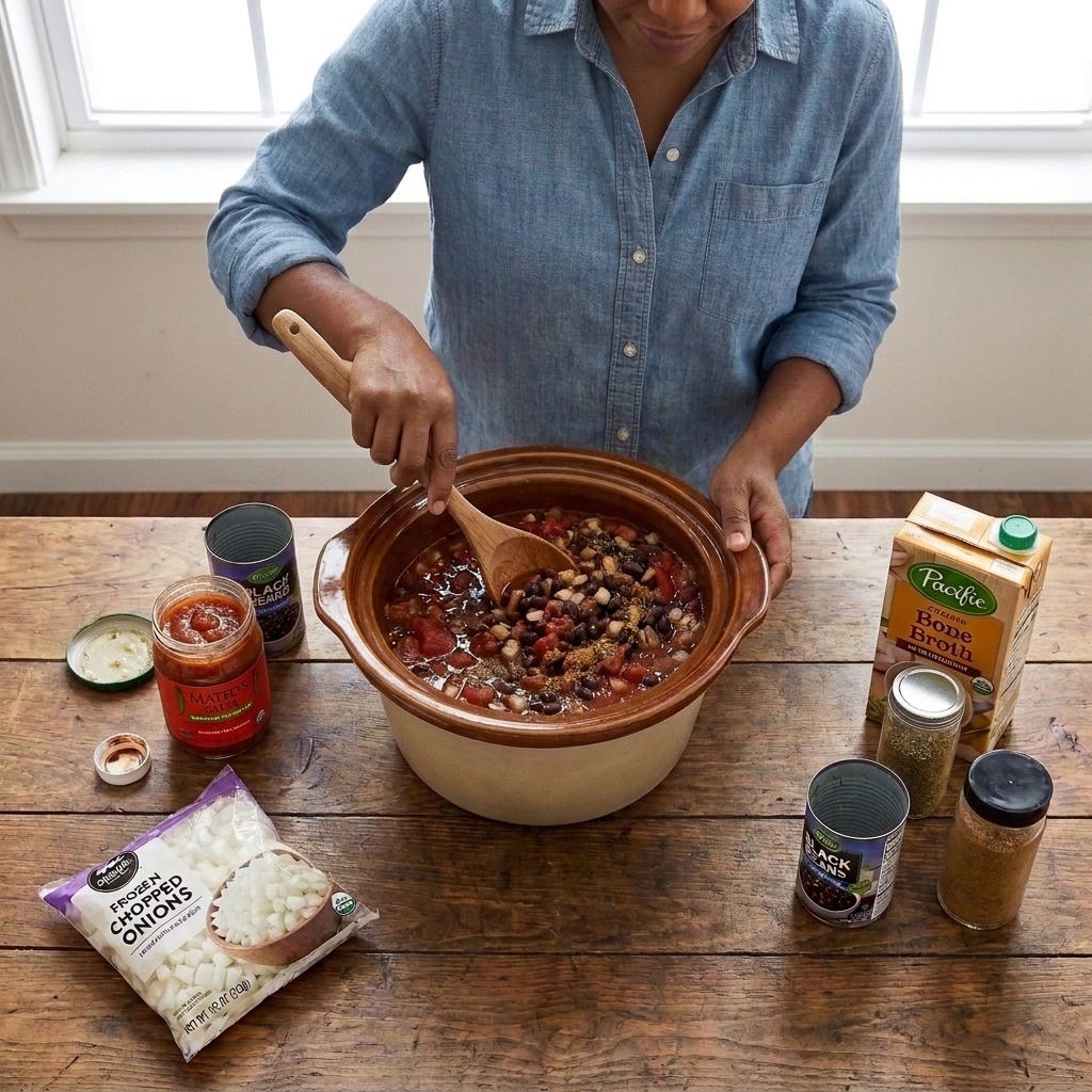 A slow cooker filled with canned beans, crushed tomatoes, and spices being stirred with a wooden spoon