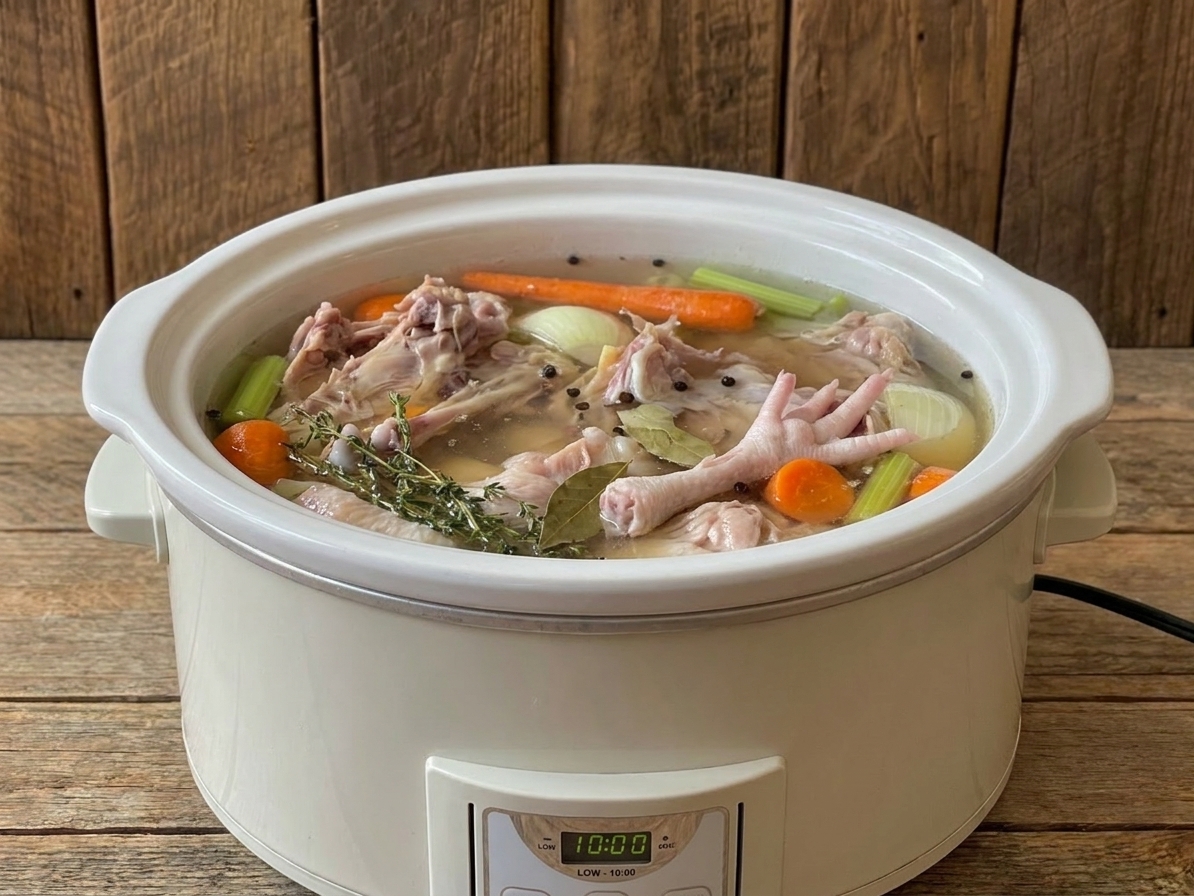 A slow cooker filled with chicken bones, onions, carrots, and celery covered with water, ready to cook