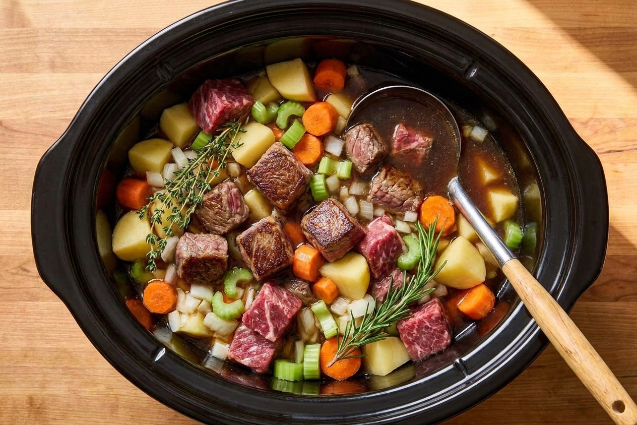 A slow cooker insert filled with beef, chopped vegetables, broth, and herbs before cooking