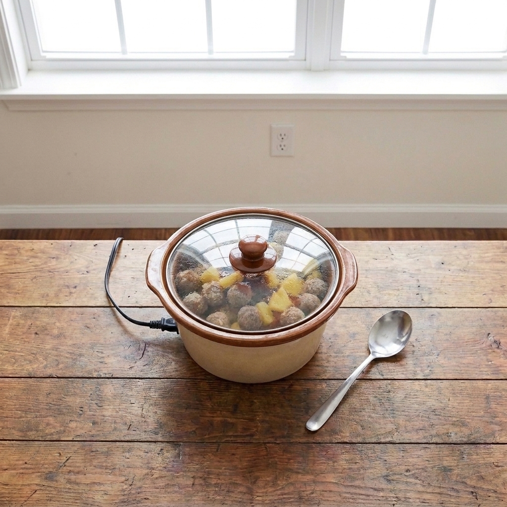 A slow cooker plugged in on a bright kitchen counter in the morning, with ingredients put away and a clean spoon resting nearby